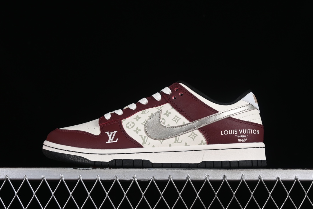 Best Replica Louis Vuitton x Nike Dunk Low joint custom-burgundy silver hook SB low-top casual sneakers - Colareps