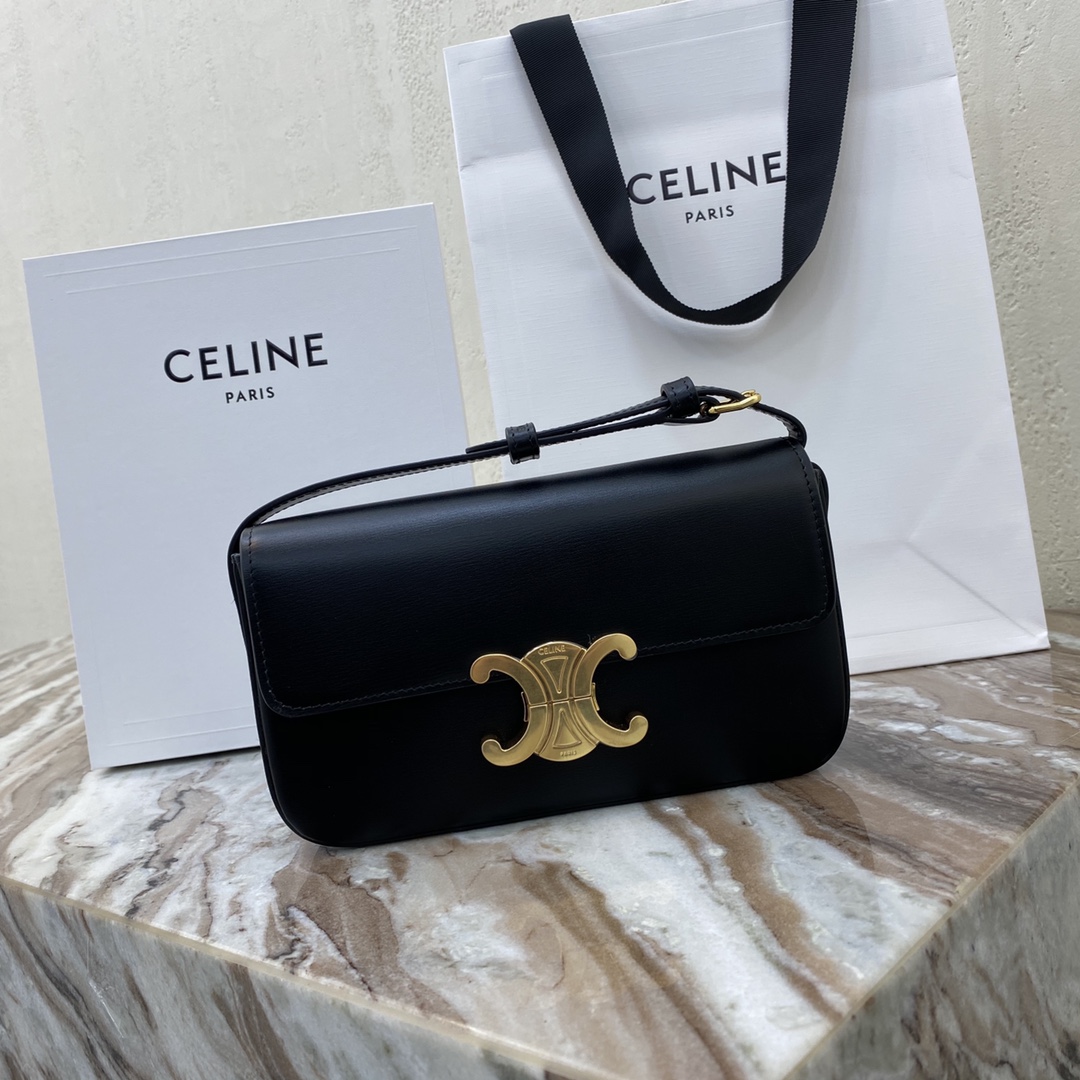 Best Replica CELINE Triomphe Black Shiny Leather Shoulder Bag - Colareps