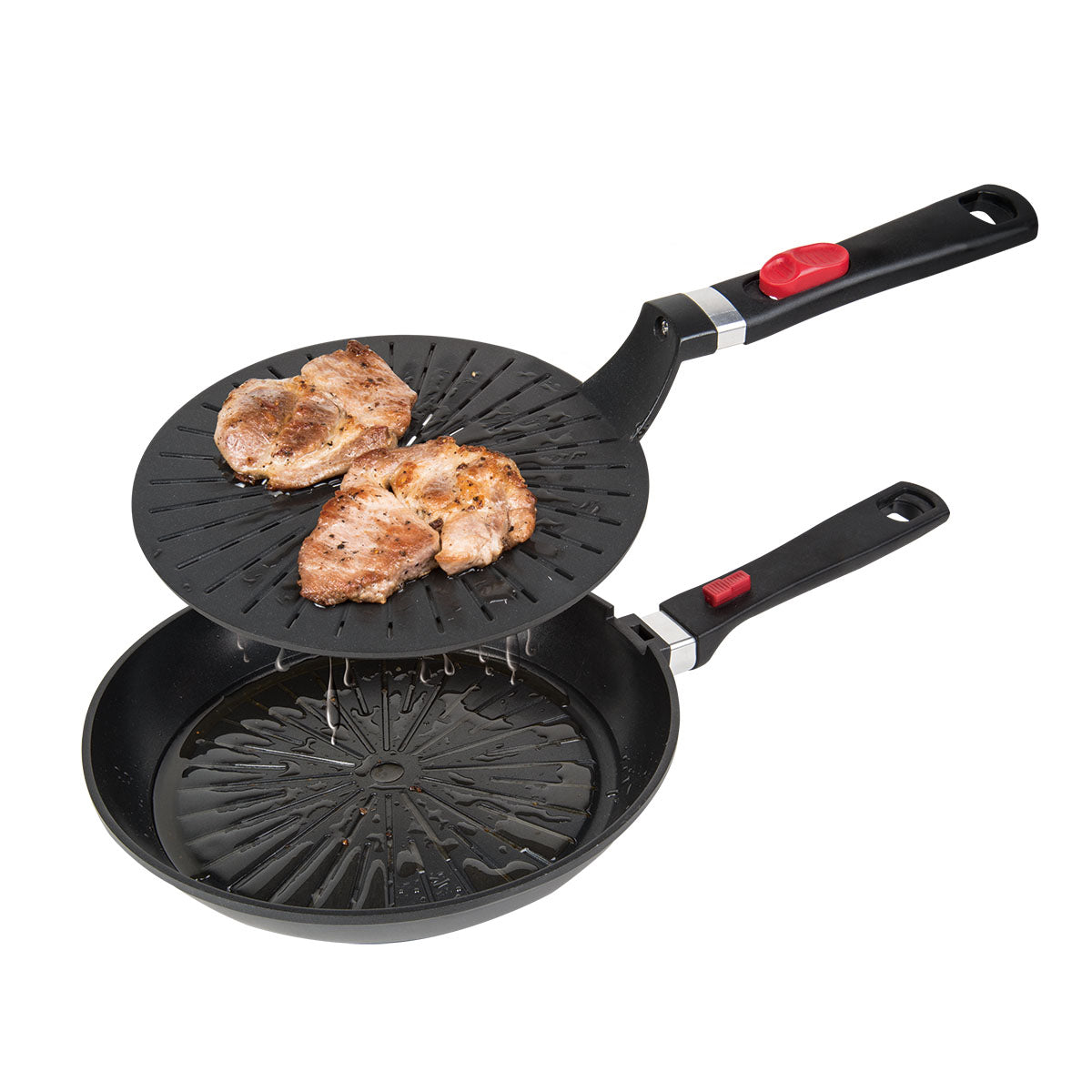 FAT-FREE FRYING PAN WITH DETACHABLE CLICK DRIP-DROP PLATE, 28CMfive items