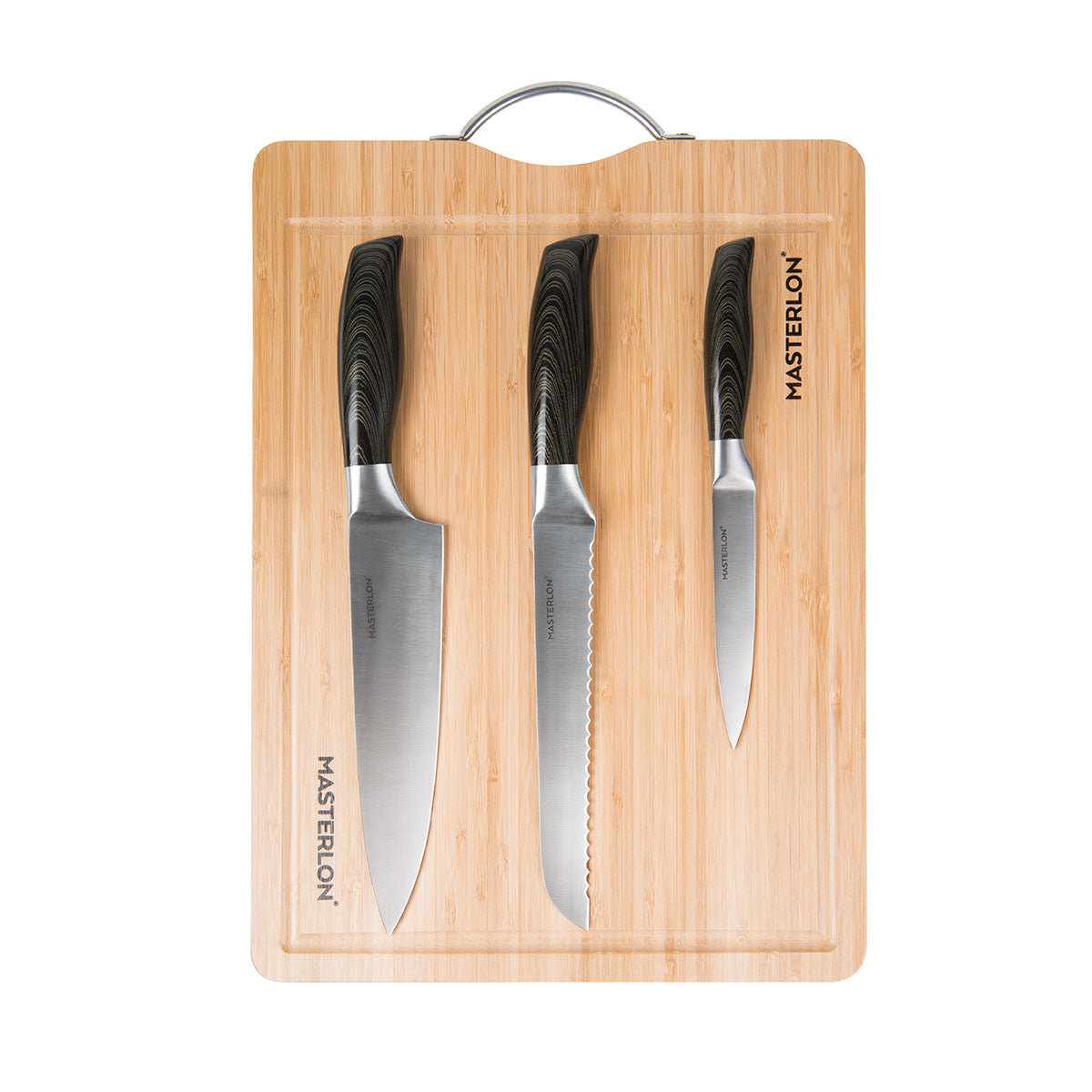 4-PC KNIFE SET WITH BAMBOO CUTTING BOARDfive items