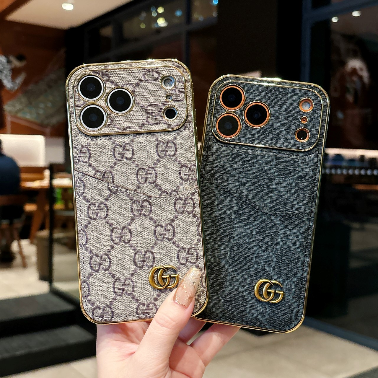 GG Textured Leather Classic Pattern Minimalist Cardholder Case for iPhone - Vania Cases
