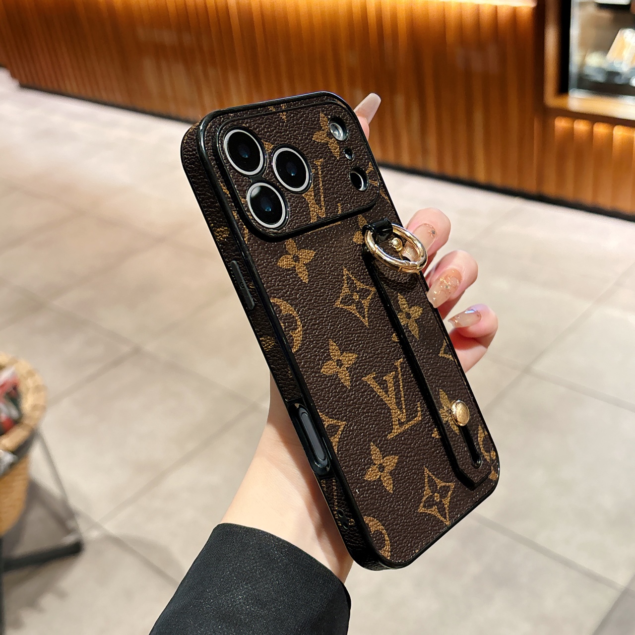 LL Textured Leather Classic Pattern Hand Grip Strap Case for iPhone - Vania Cases