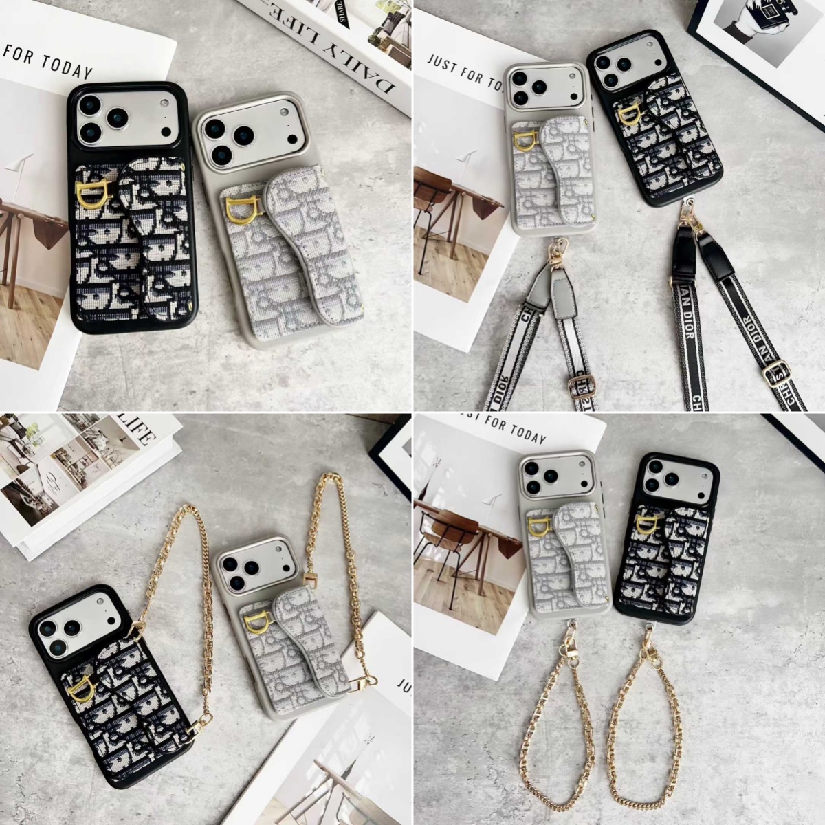 DD Woven Texture Layer Classic Pattern Detachable Crossbody Strap & Metal Hand Chain Minimalist Cardholder Case for iPhone - Vania Cases