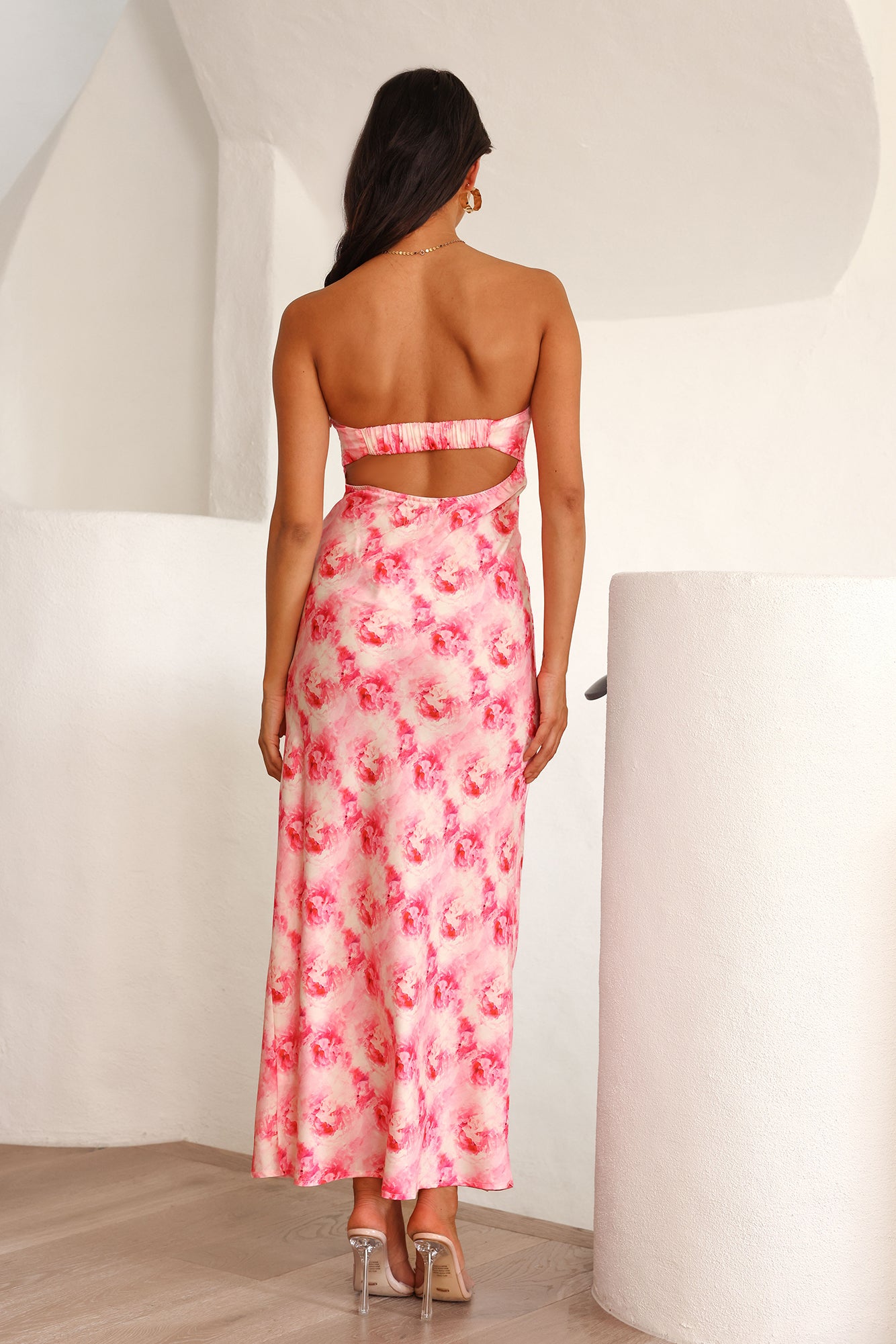 Gemstones Strapless Satin Maxi Dress Pink