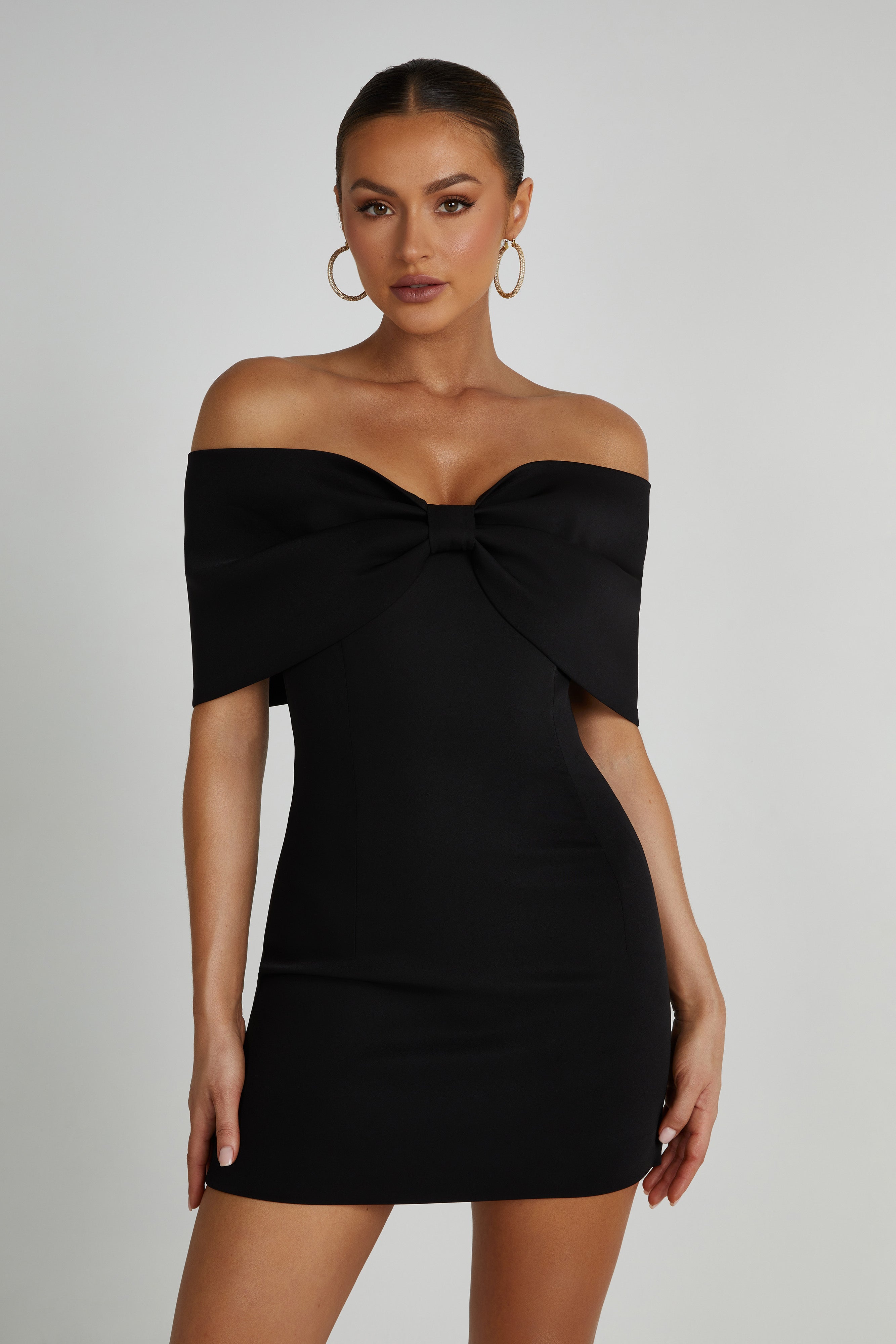 Gwyneth Off Shoulder Bow Mini Dress Black Partyselectionstore