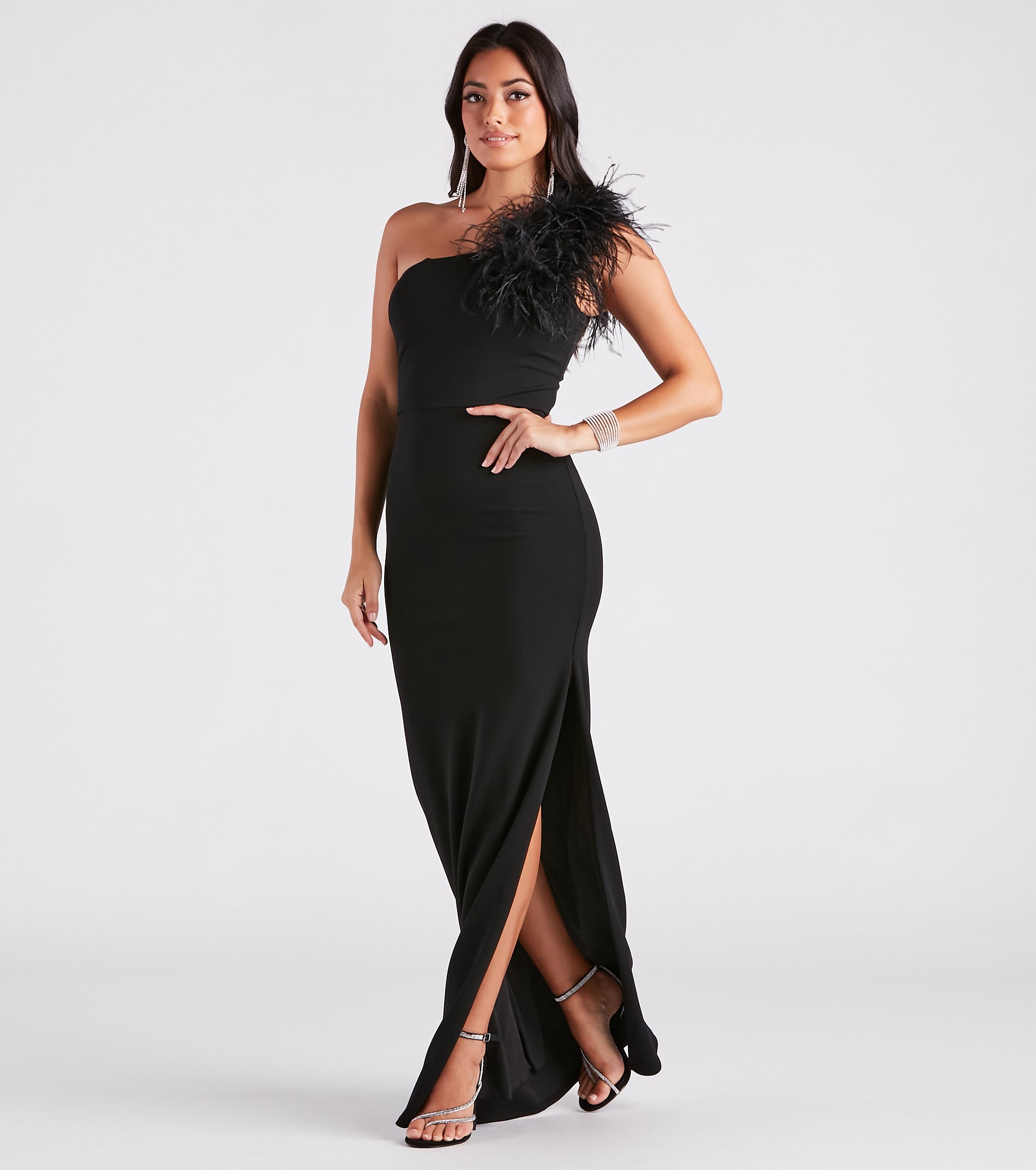 Patricia Formal Crepe Marabou Long Dress