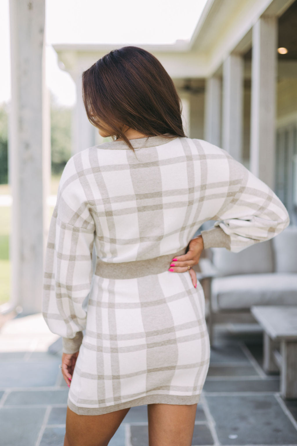 Plaid Knit Bodycon Dress-Beige/White