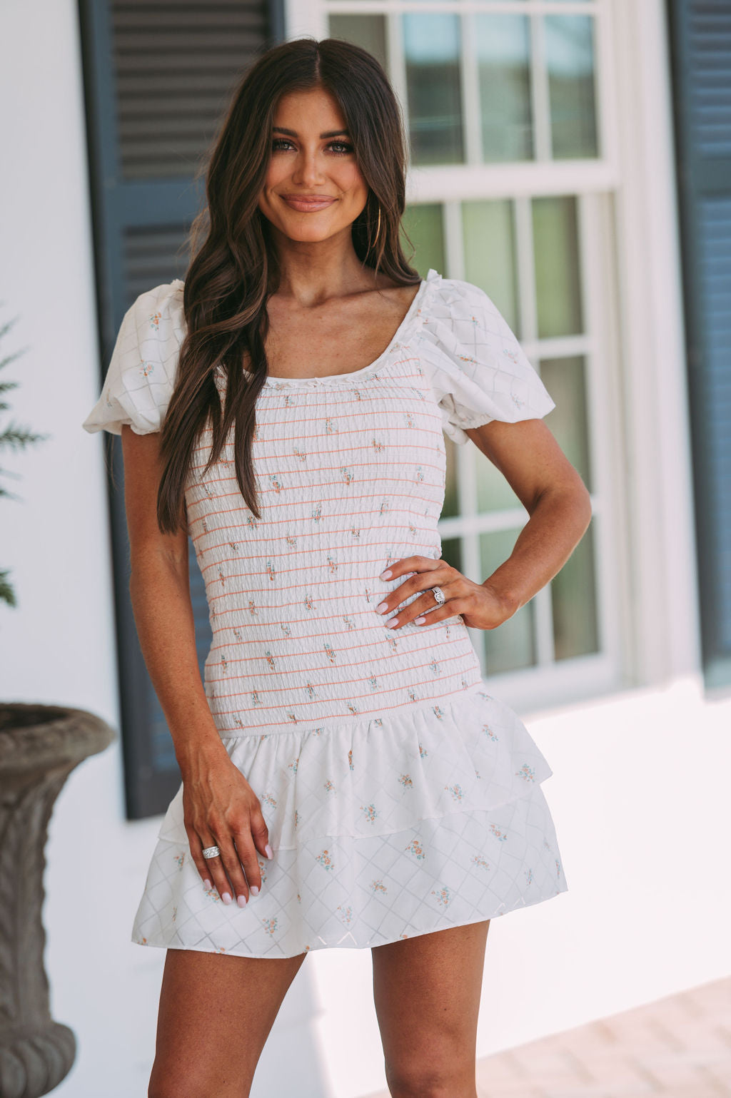 Smocked Flutter Dress-Orange Floral