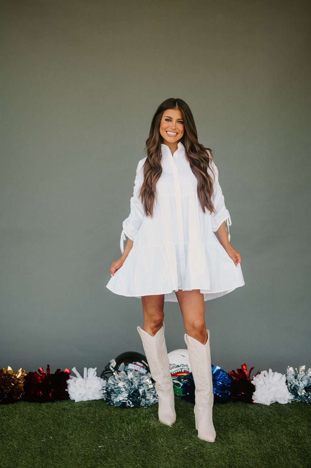 Ruched Button Up Dress-White