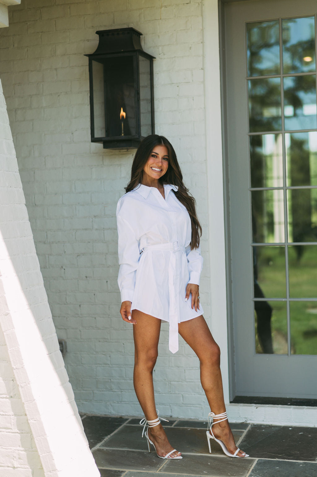 Belted Shirt Dress-White