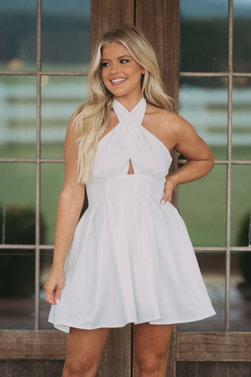 Cross Neck Flare Dress White