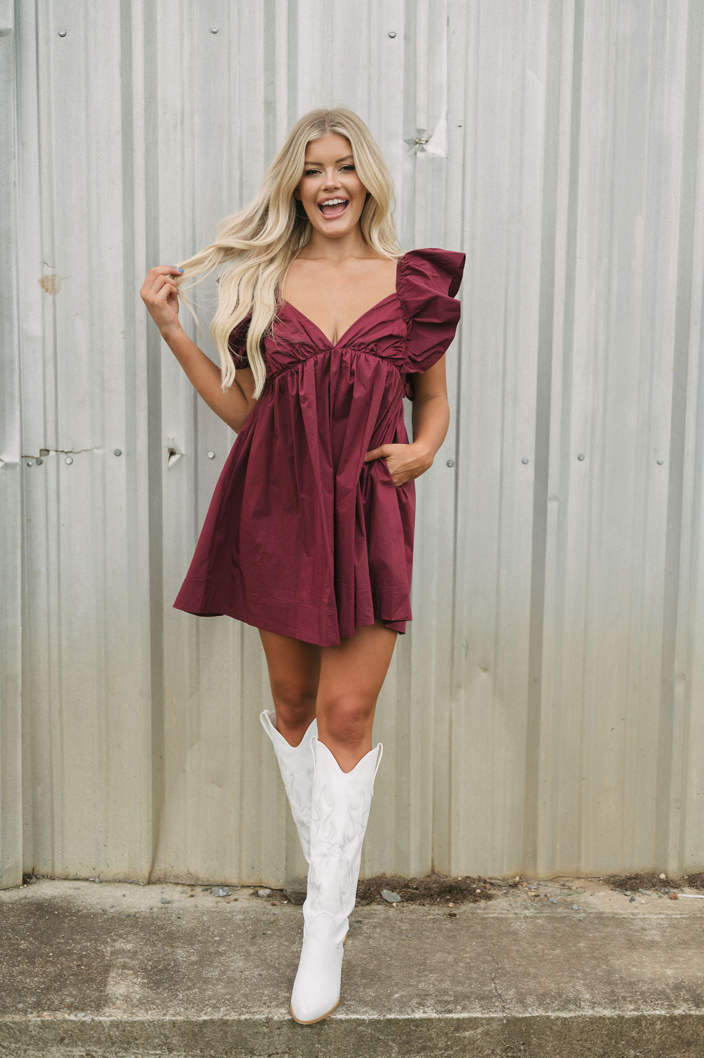 Tie Back Poplin Dress-Maroon
