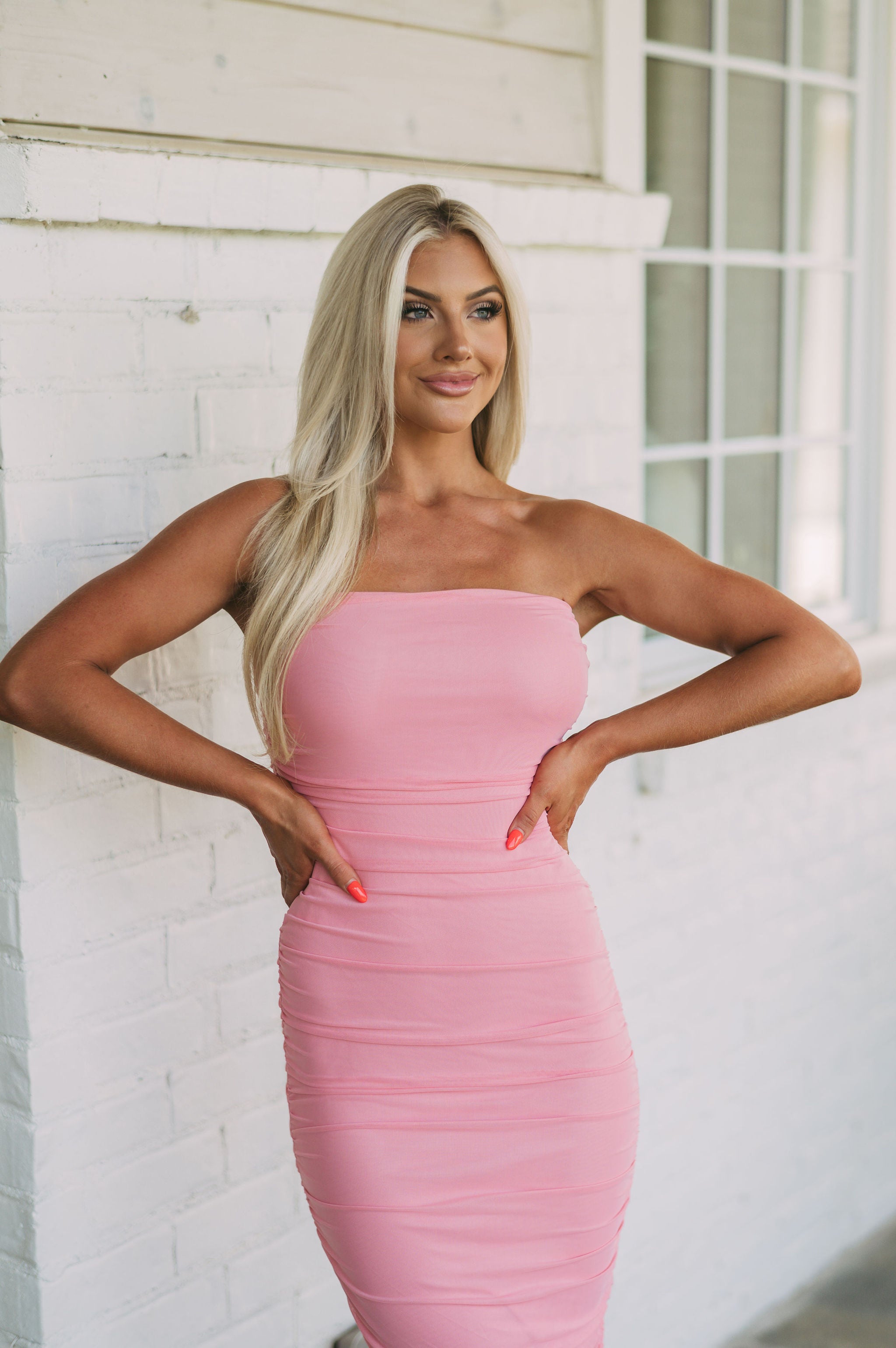 Strapless Ruched Midi Dress Mauve