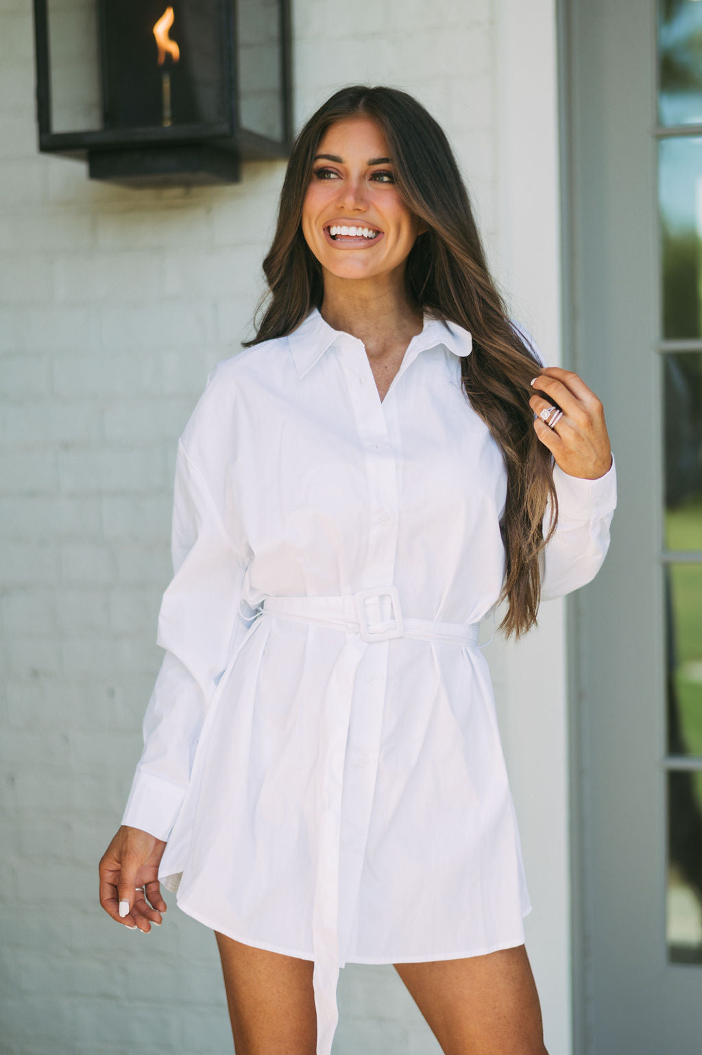 Belted Shirt Dress-White