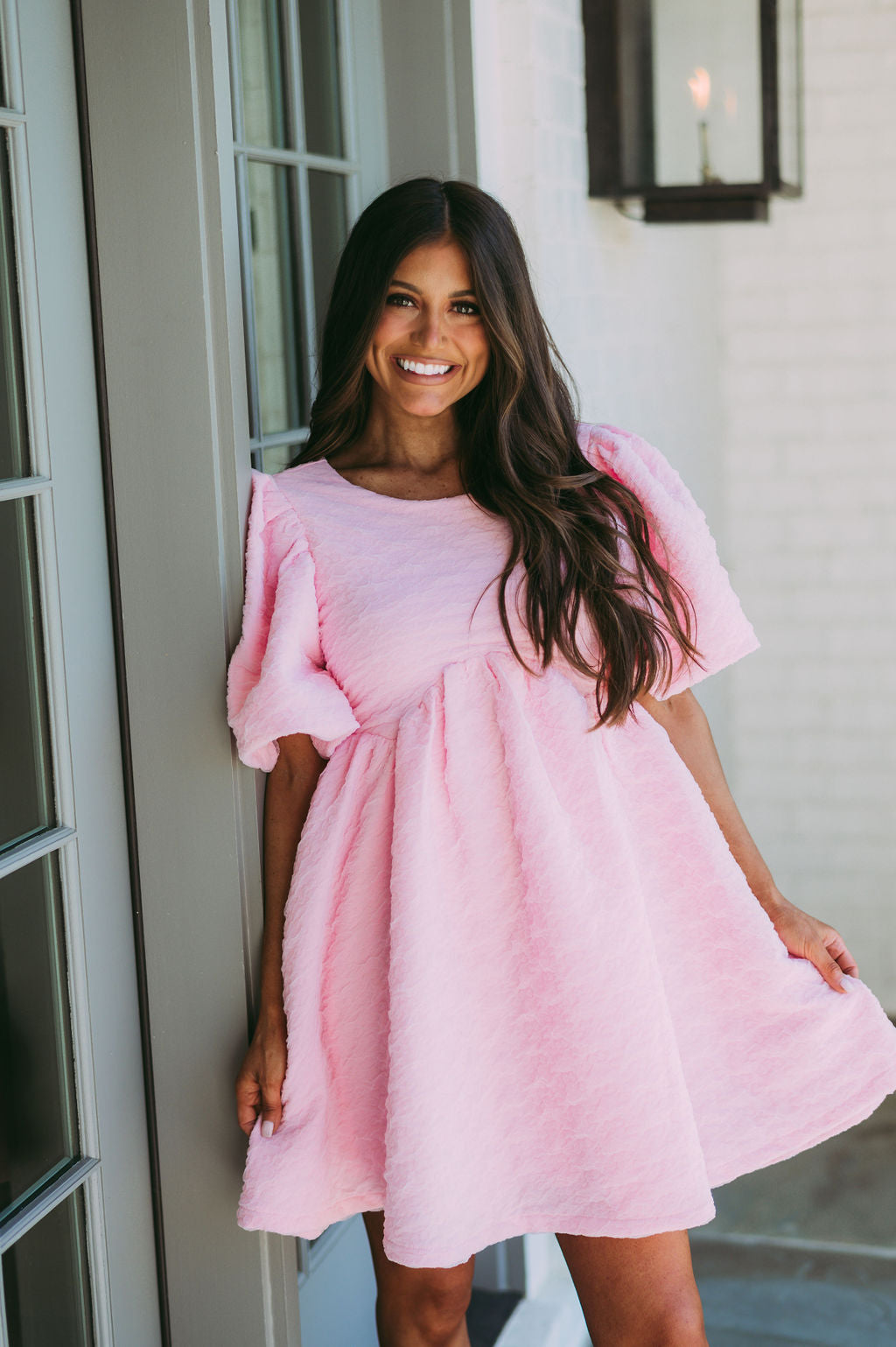 Textured Puff Sleeve Babydoll Dress-Pink
