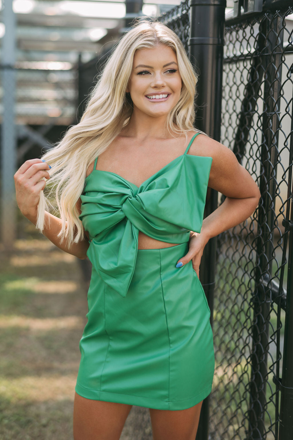 Faux Leather Bow DressGreen