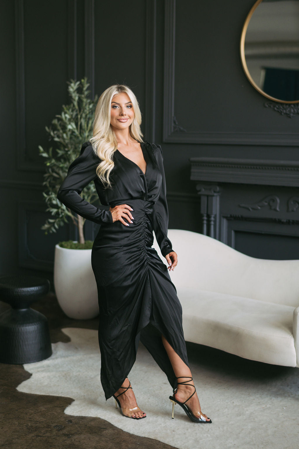 Shoulder Padded Plunge Neck Midi Dress