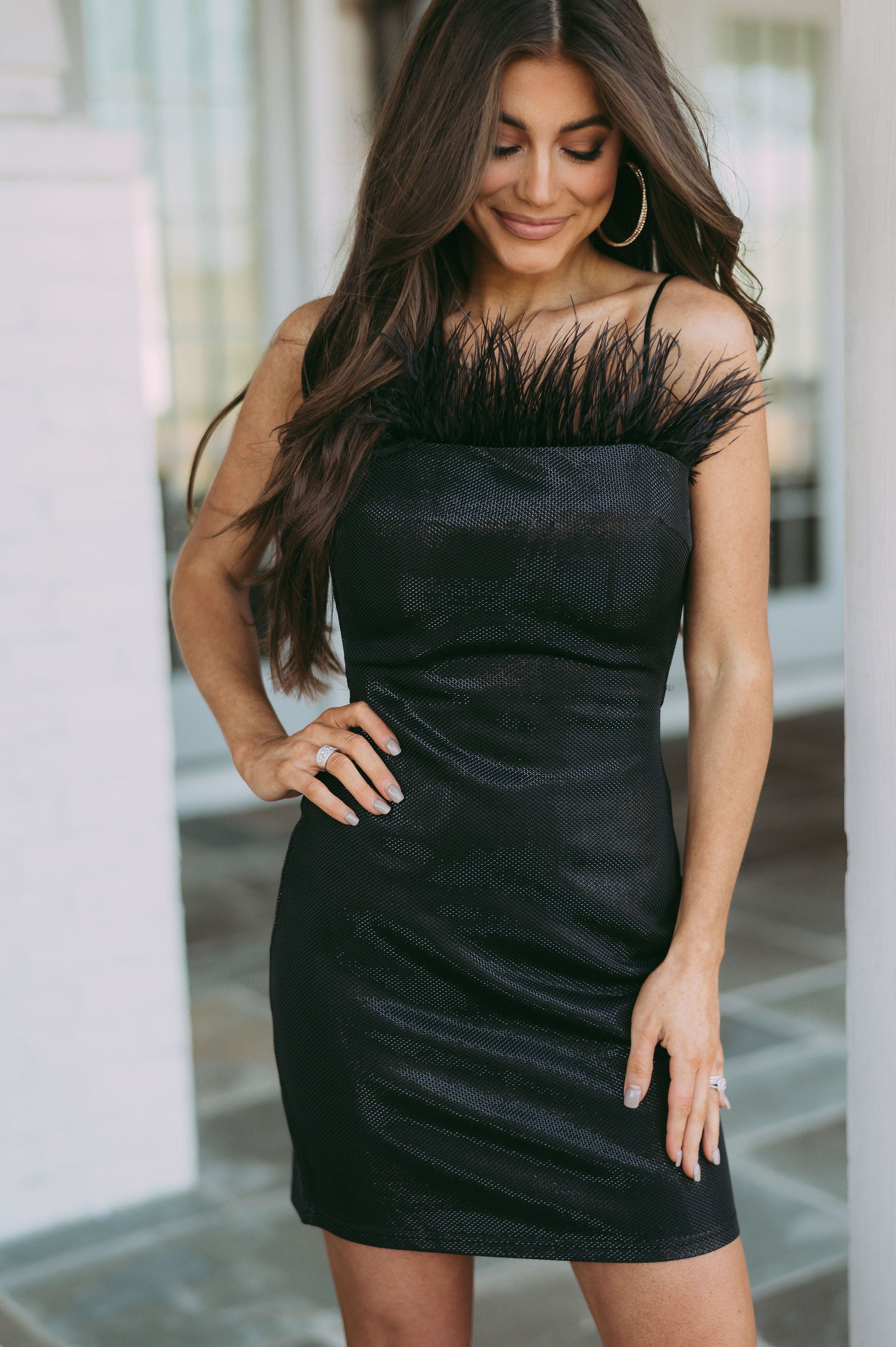 Feather Trim Shimmer Dress