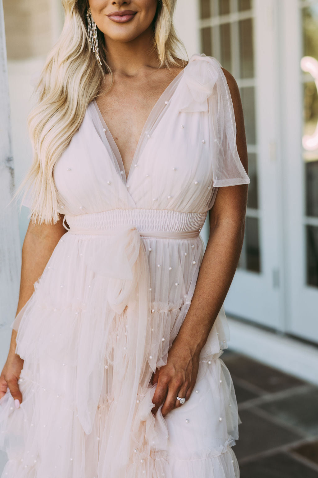 Pearl Accented Mesh Maxi Dress