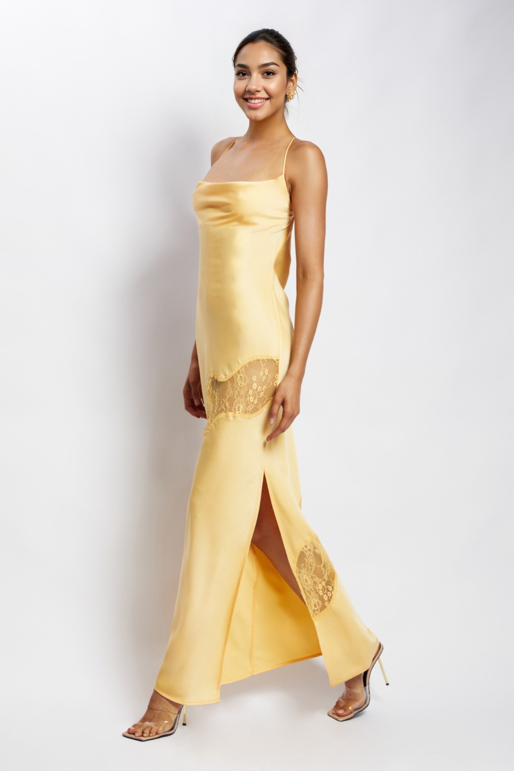 Chandra Lace Detail Satin Maxi Dress Lemon