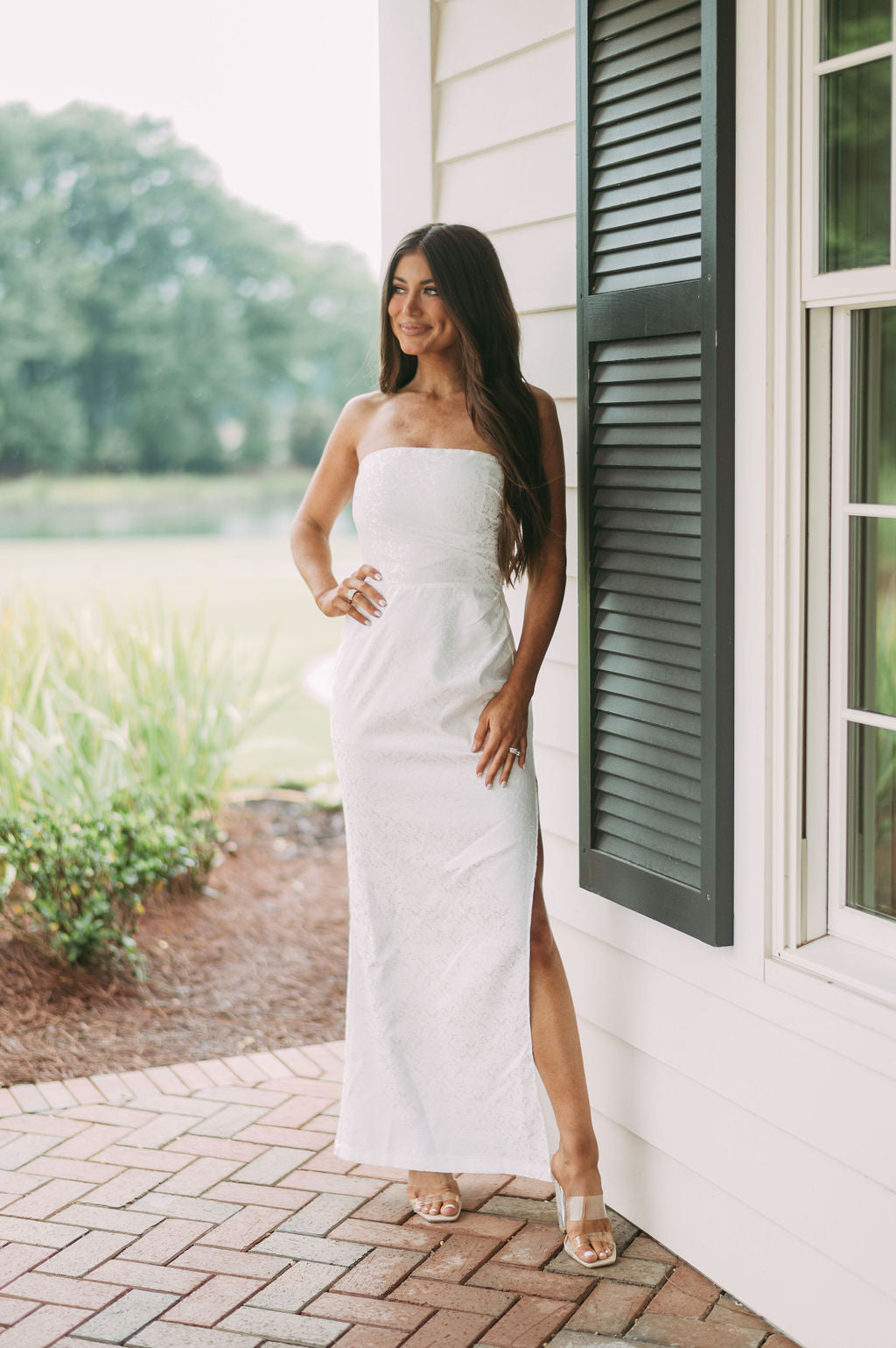 Strapless Jacquard Slit Dress White