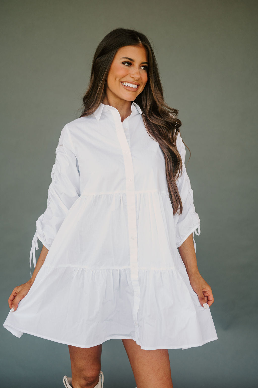 Ruched Button Up Dress-White