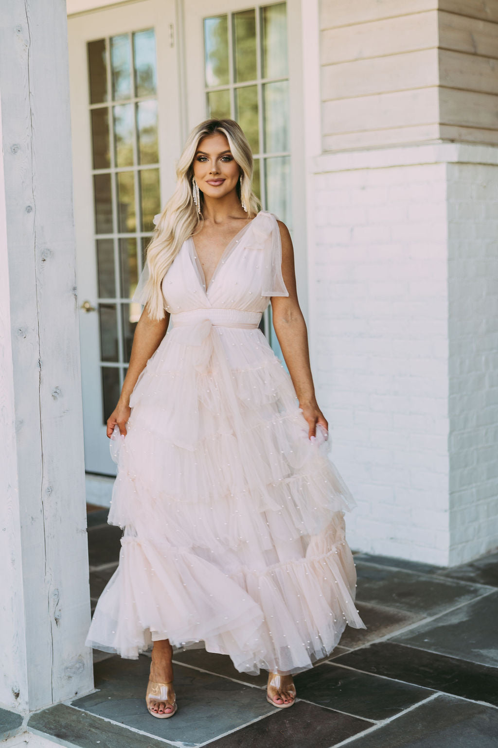 Pearl Accented Mesh Maxi Dress