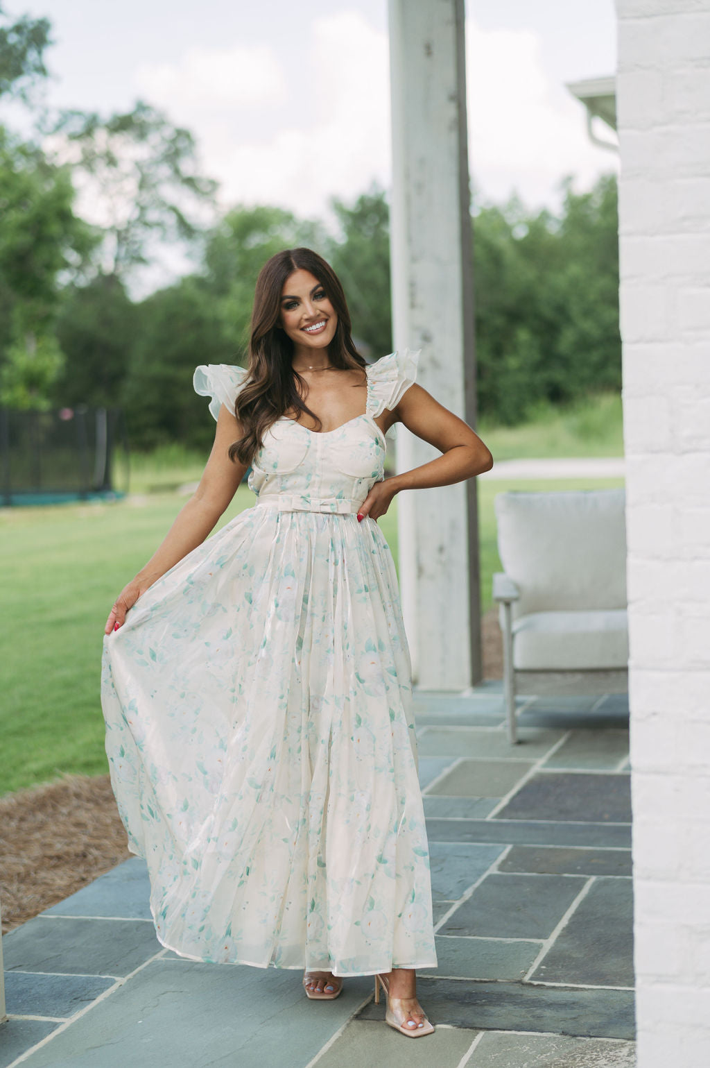 Organza Floral Maxi Dress-Cream/Green