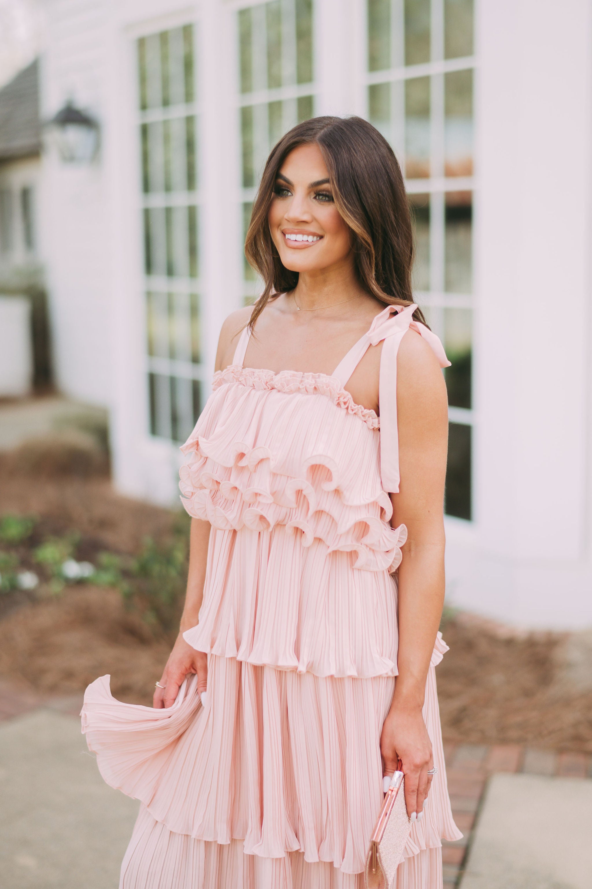 Shoulder Tie Tiered Ruffle DressPeach