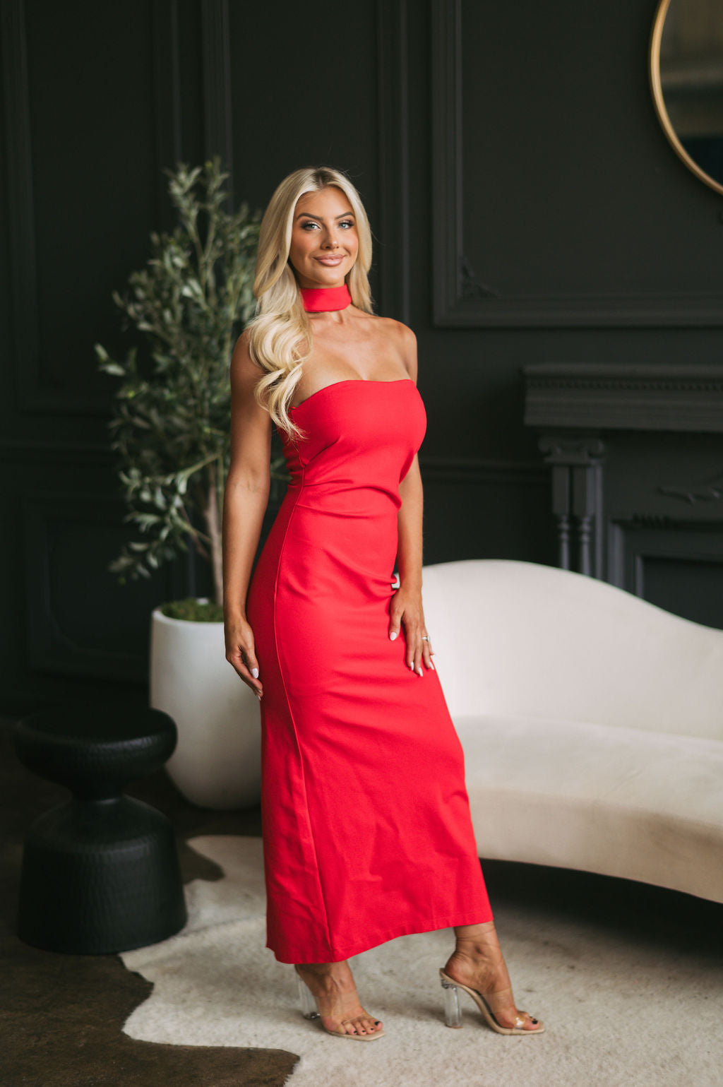 Mock Neck Fitted Midi Dress-Tomato Red