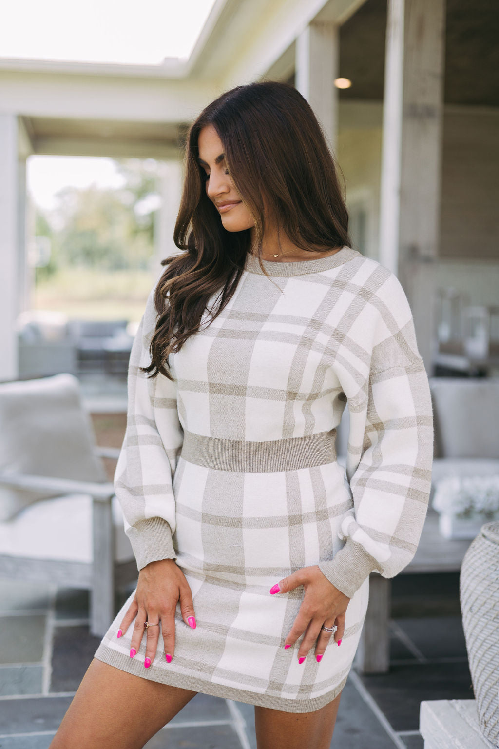 Plaid Knit Bodycon Dress-Beige/White