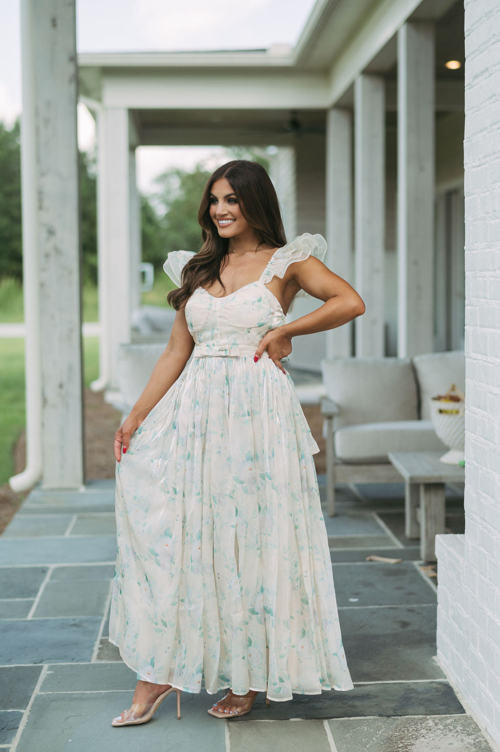 Organza Floral Maxi Dress-Cream/Green