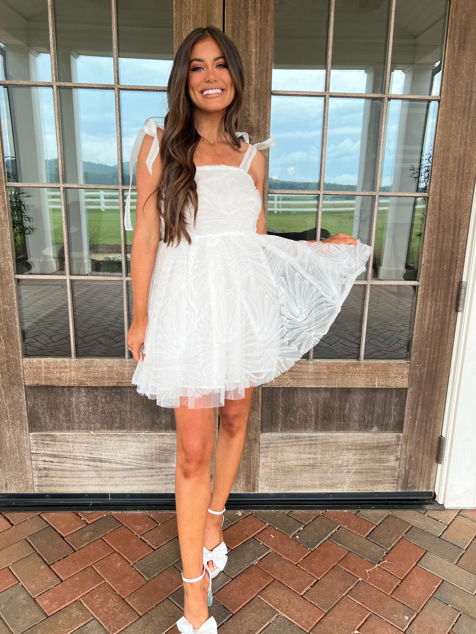 Textured Shoulder Tie Dress-White