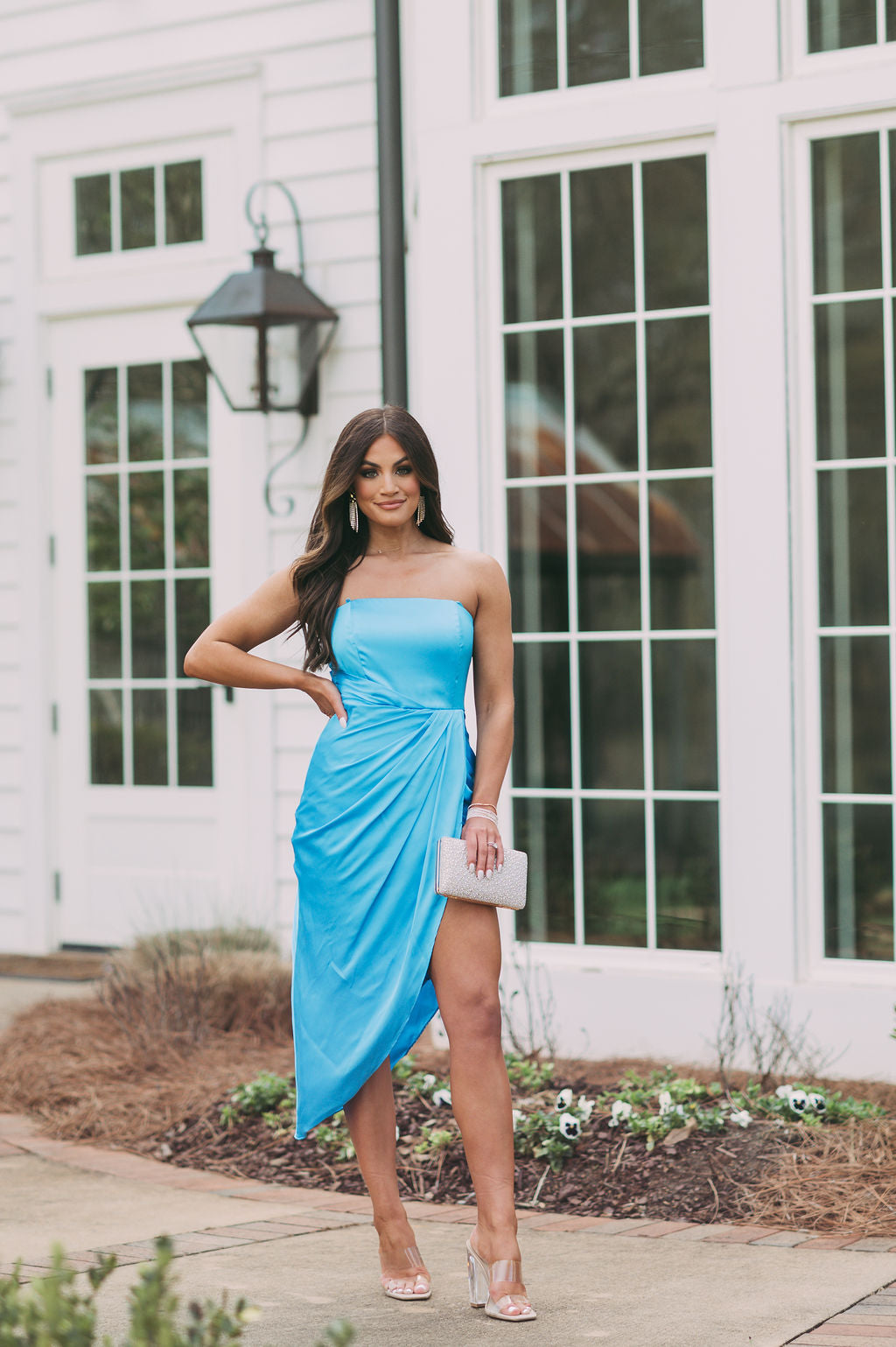 Side Draped Satin DressBlue