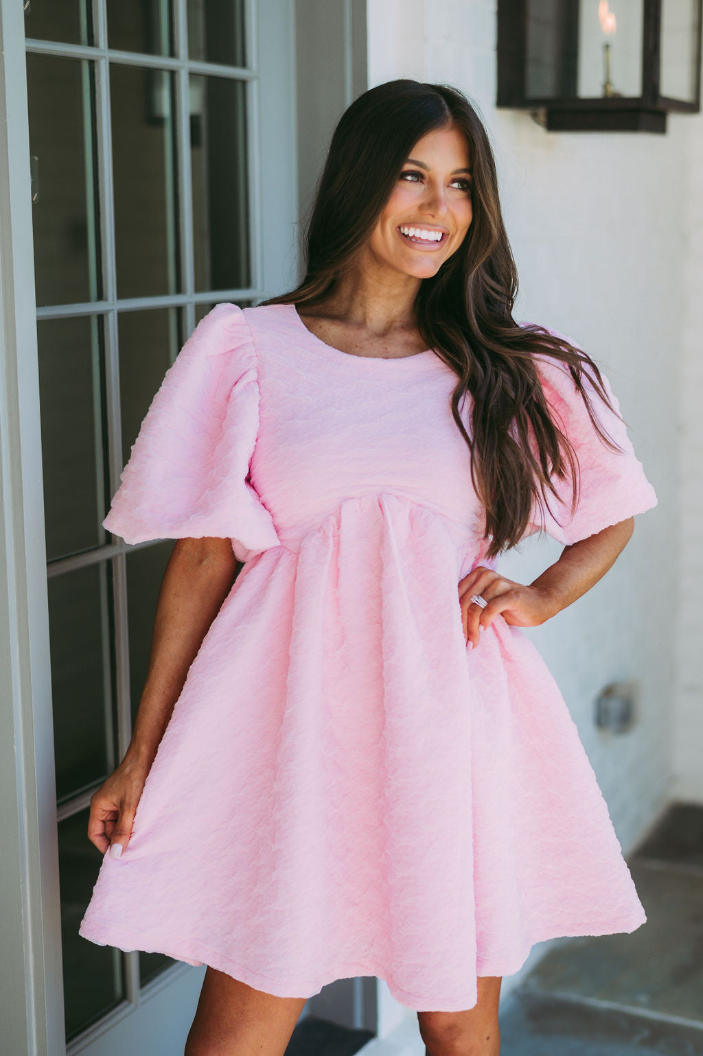 Textured Puff Sleeve Babydoll Dress-Pink