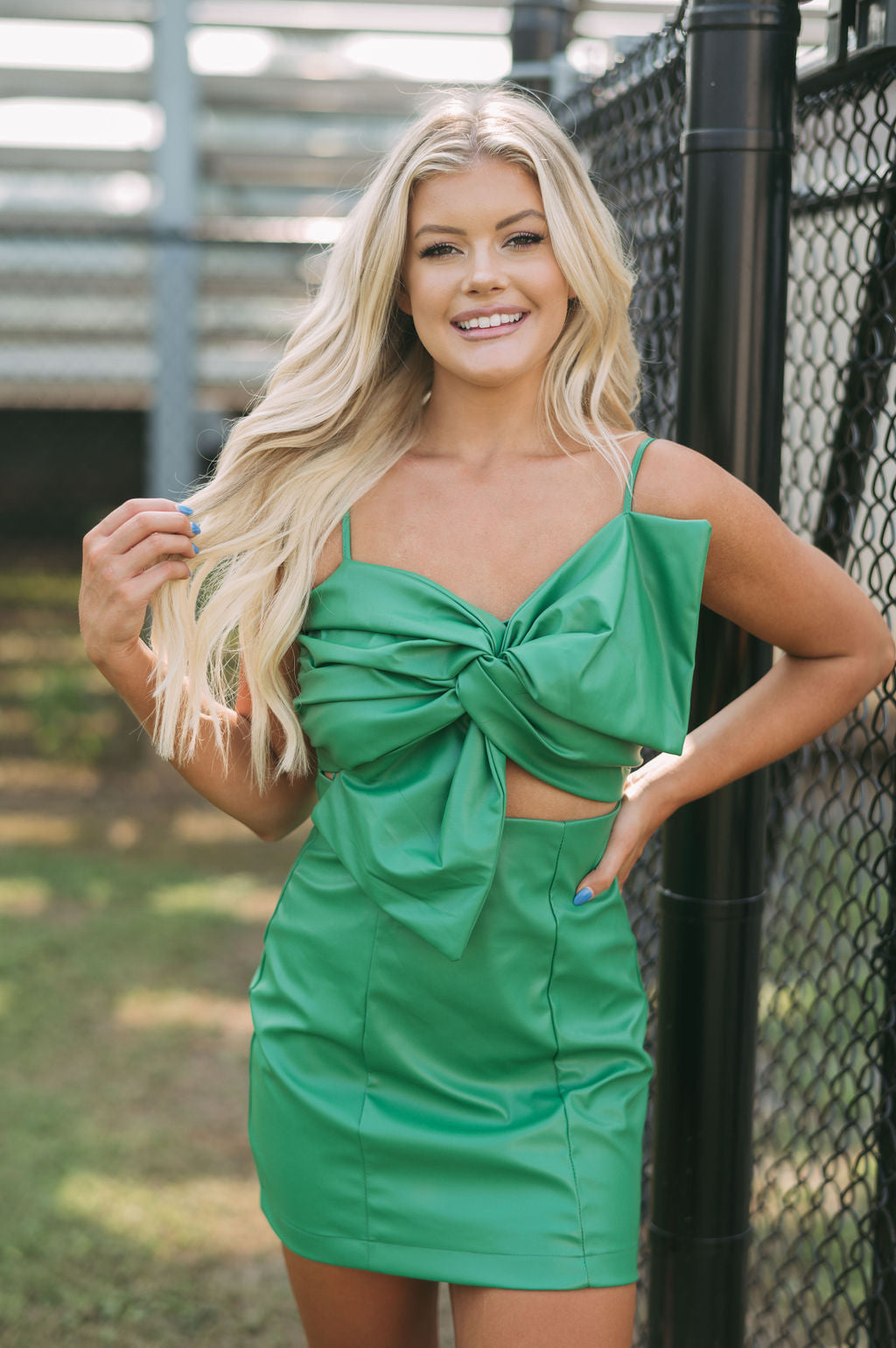 Faux Leather Bow DressGreen