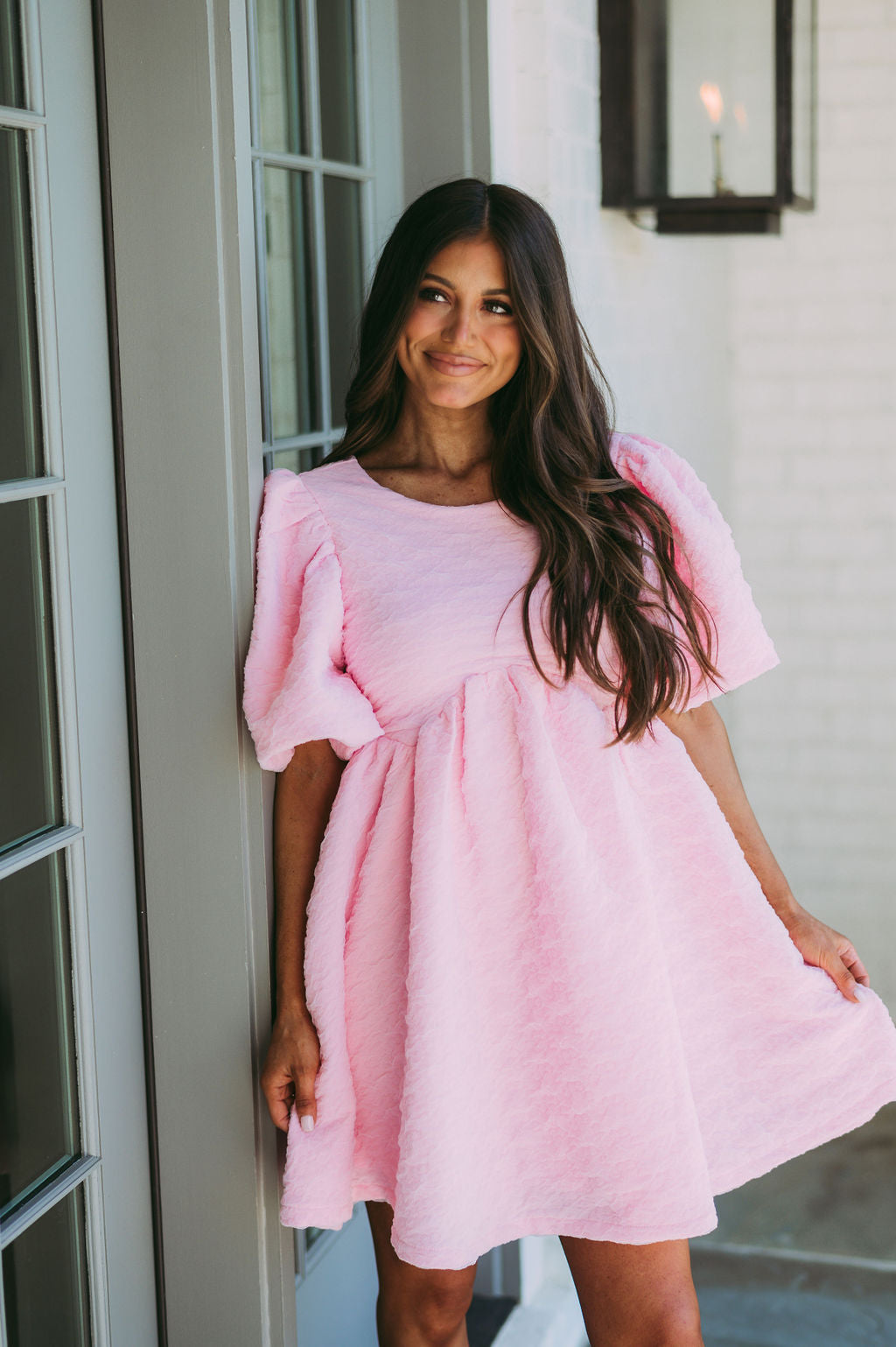 Textured Puff Sleeve Babydoll Dress-Pink