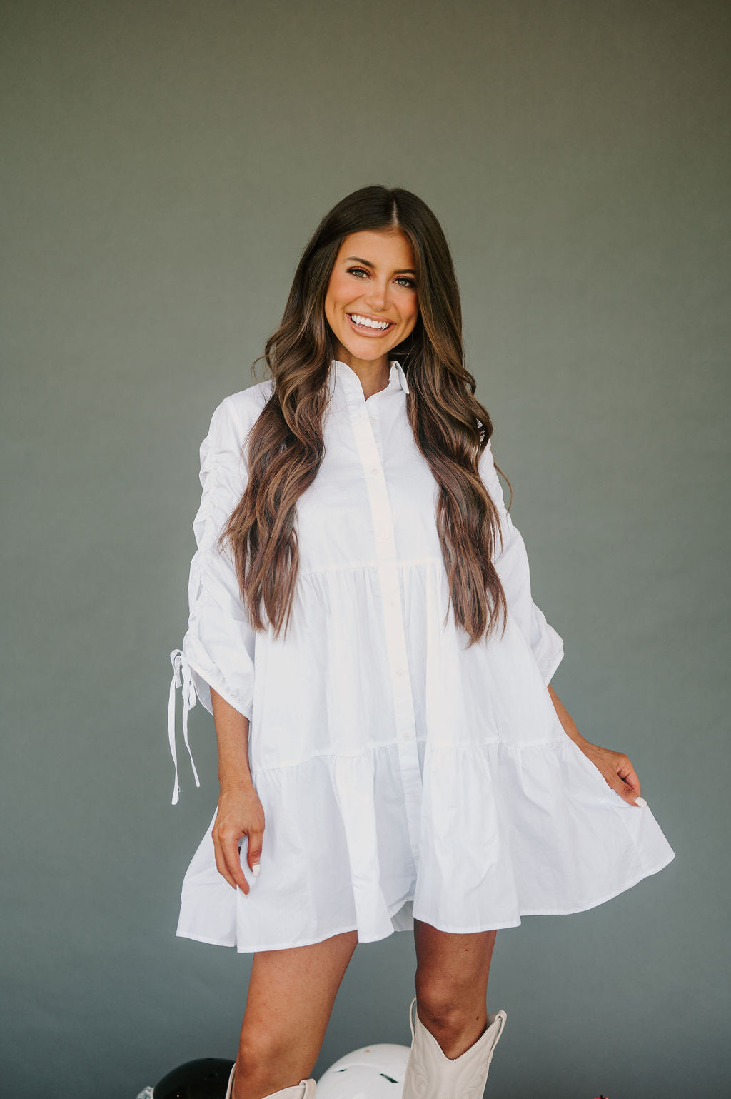 Ruched Button Up Dress-White