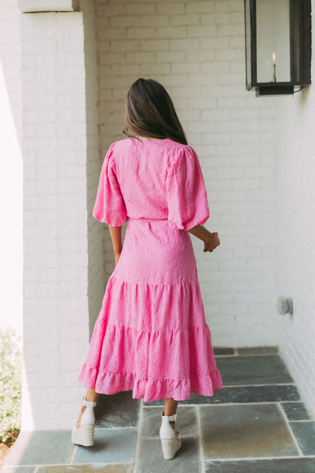 Eyelet Puff Sleeve Midi Dress