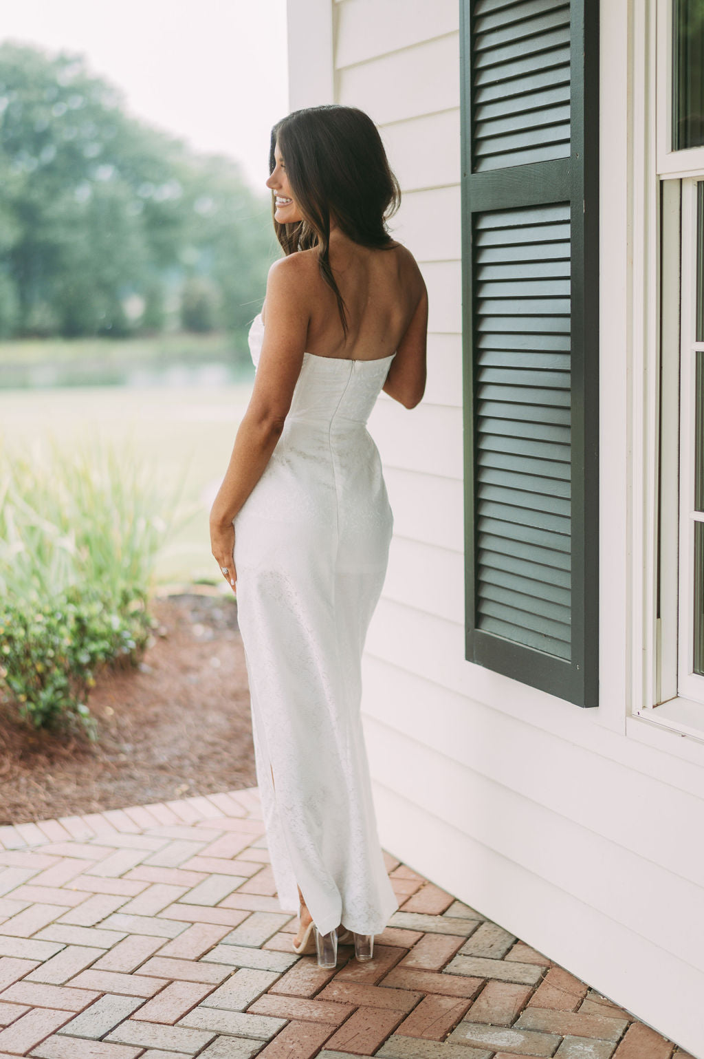 Strapless Jacquard Slit Dress White