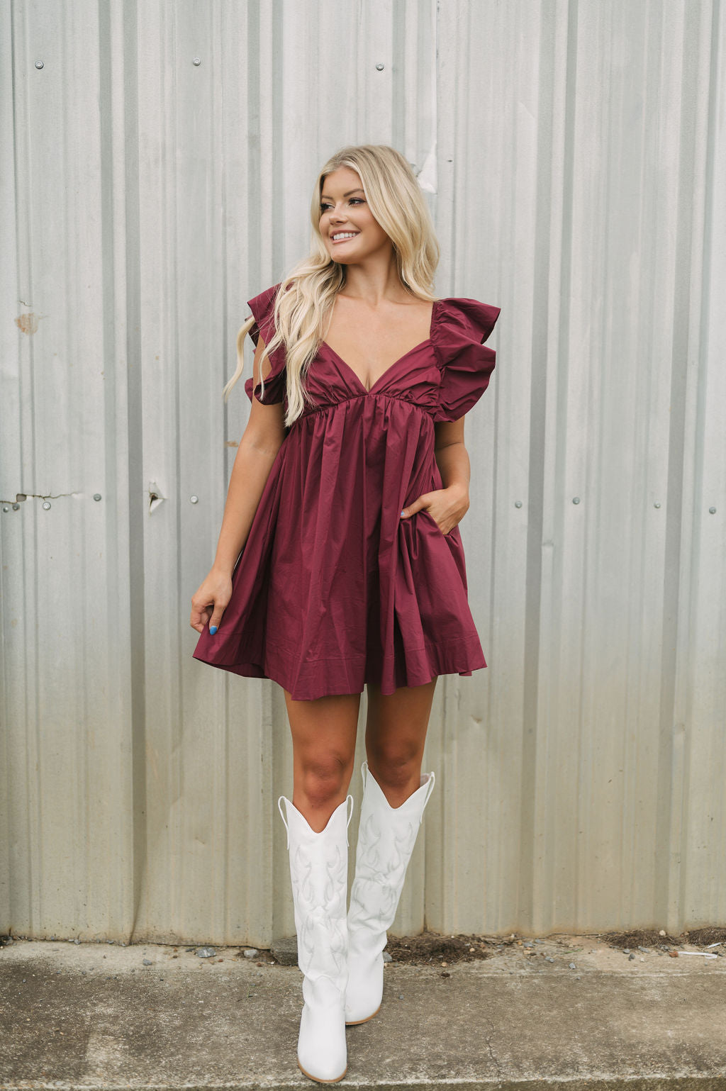 Tie Back Poplin Dress-Maroon