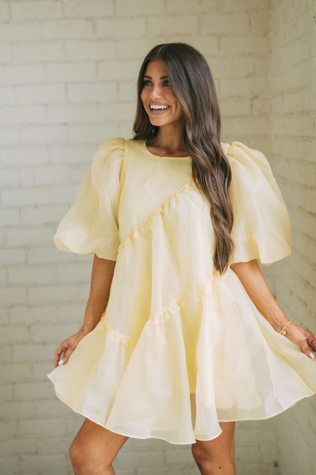 Organza Puff Sleeve Dress-Yellow