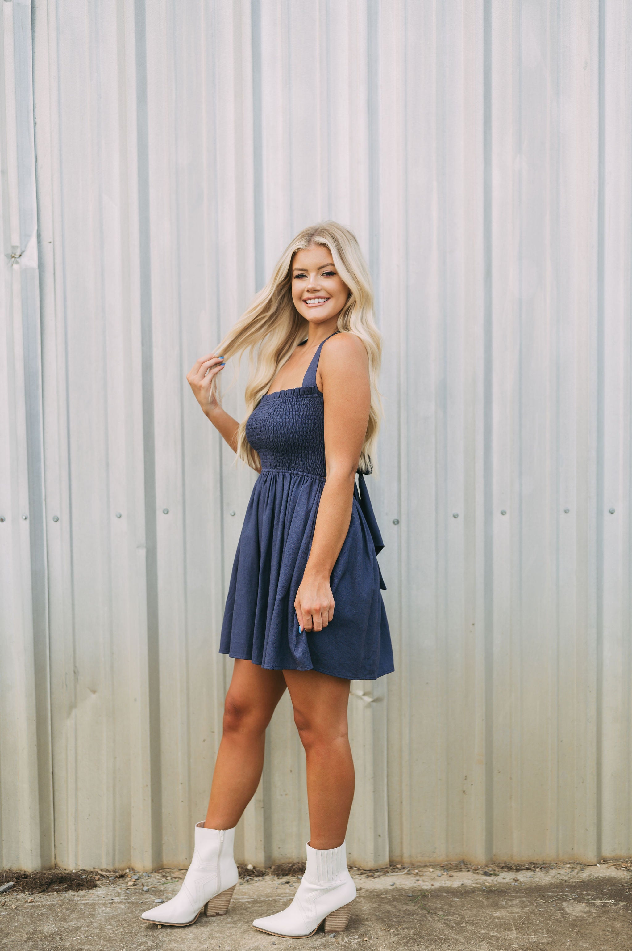 Criss Cross Back Linen Dress-Navy