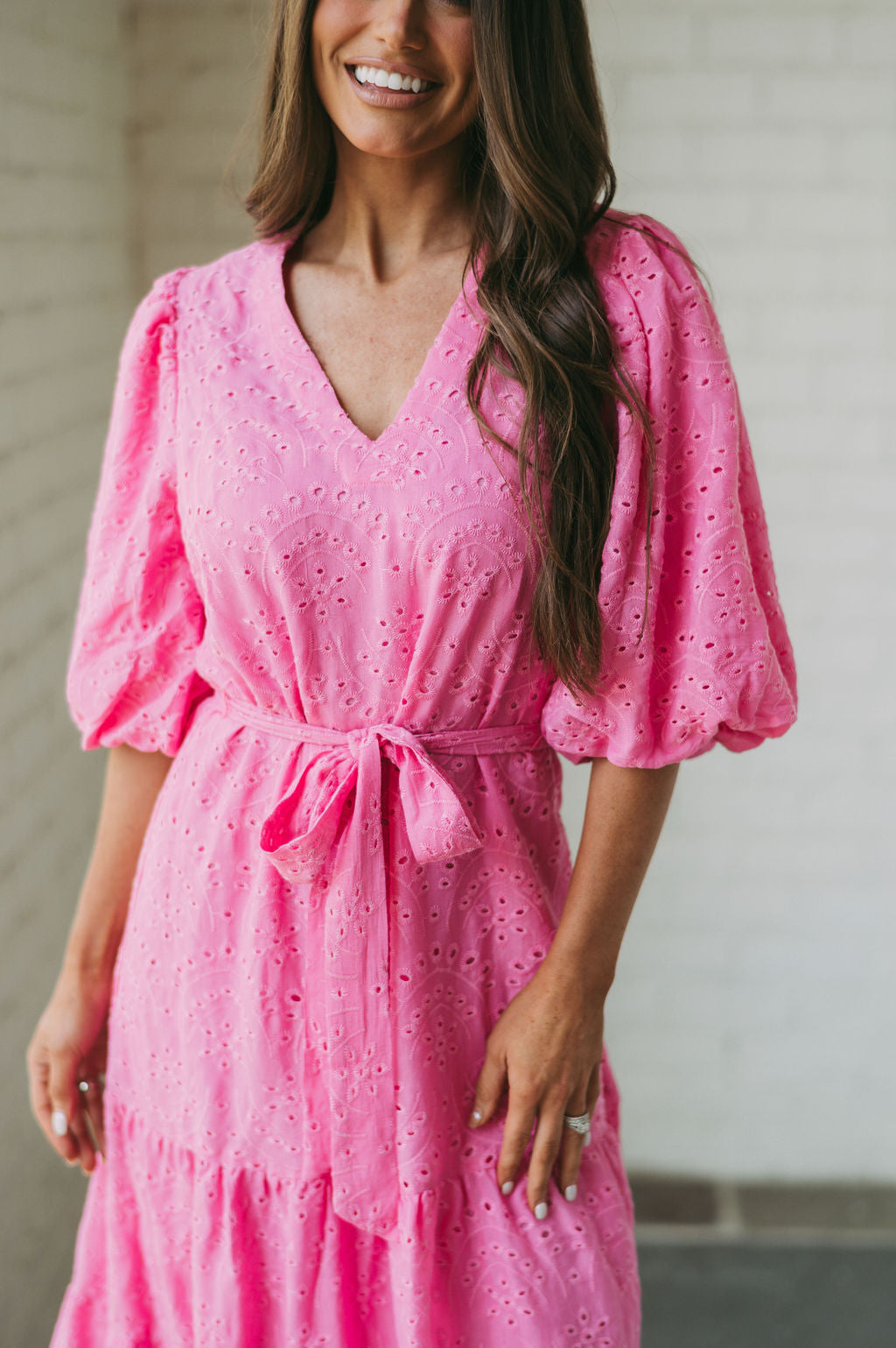 Eyelet Puff Sleeve Midi Dress