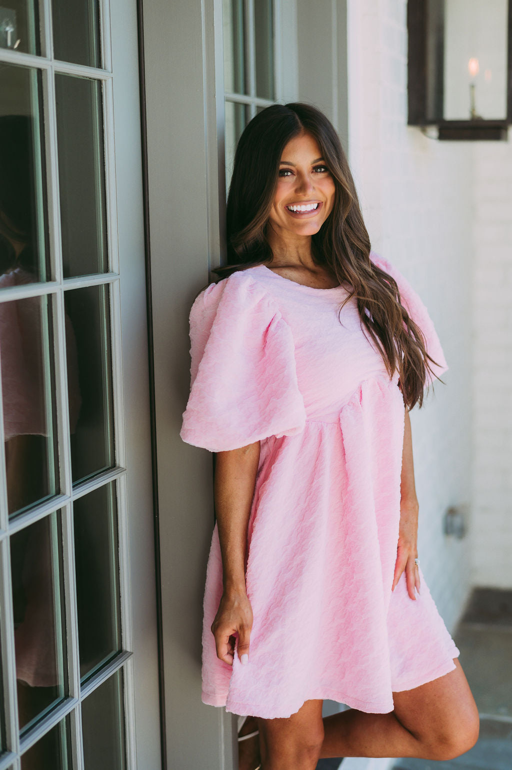 Textured Puff Sleeve Babydoll Dress-Pink