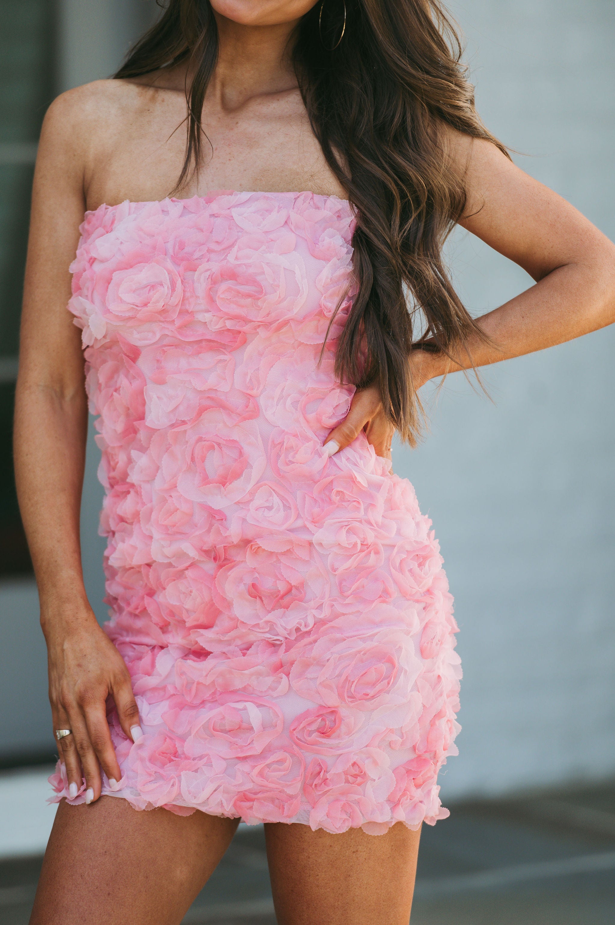 Strapless Textured Floral Dress-Pink