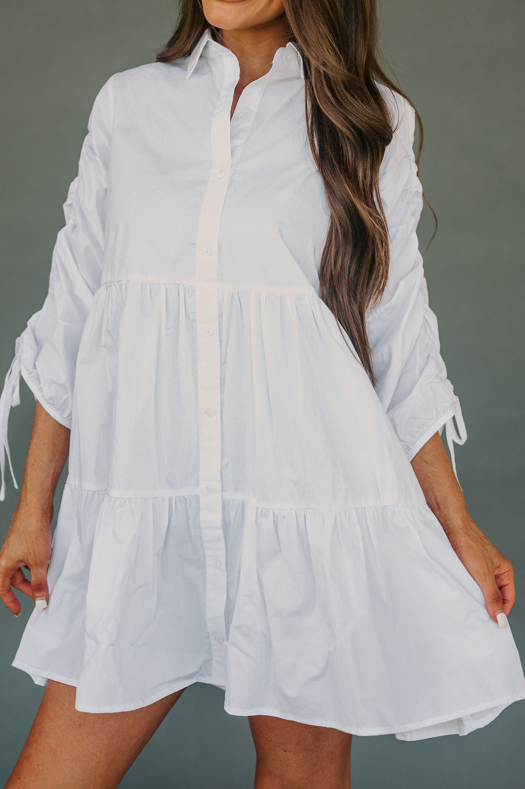 Ruched Button Up Dress-White