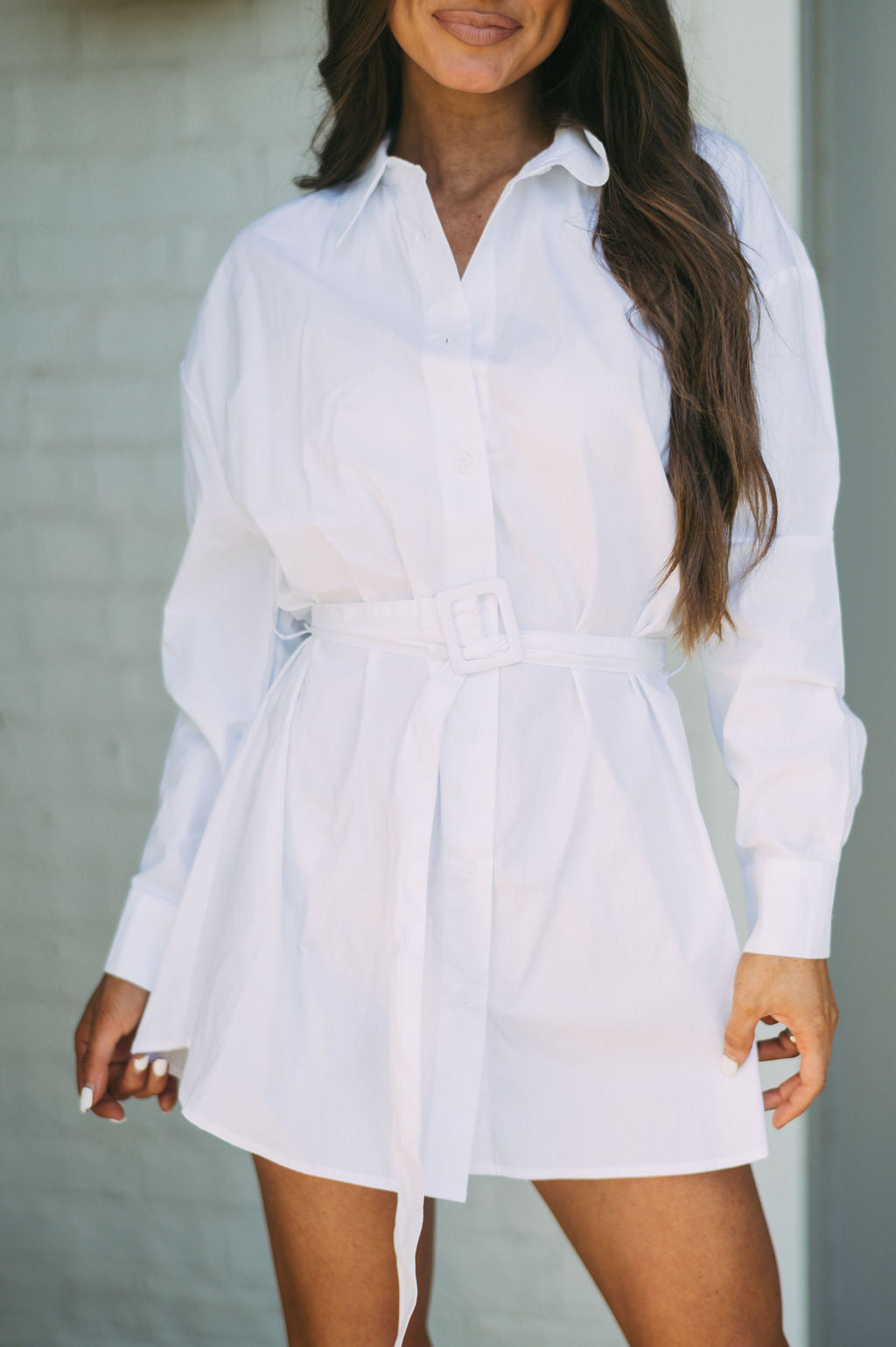 Belted Shirt Dress-White