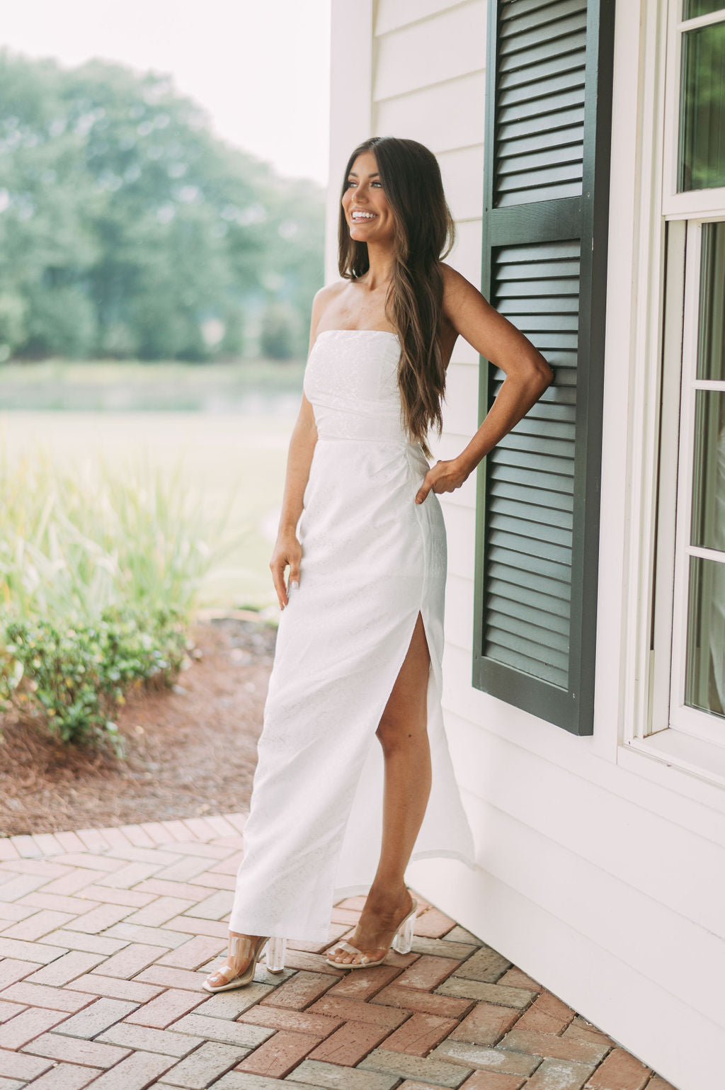 Strapless Jacquard Slit Dress White