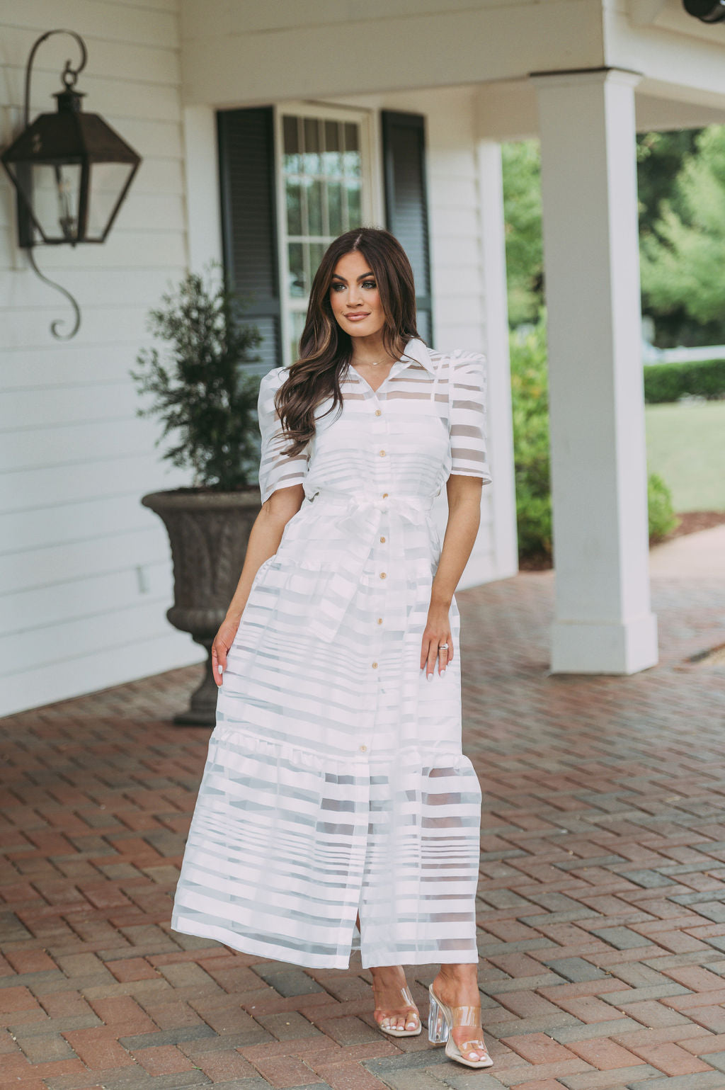 Sheer Striped Midi Dress White